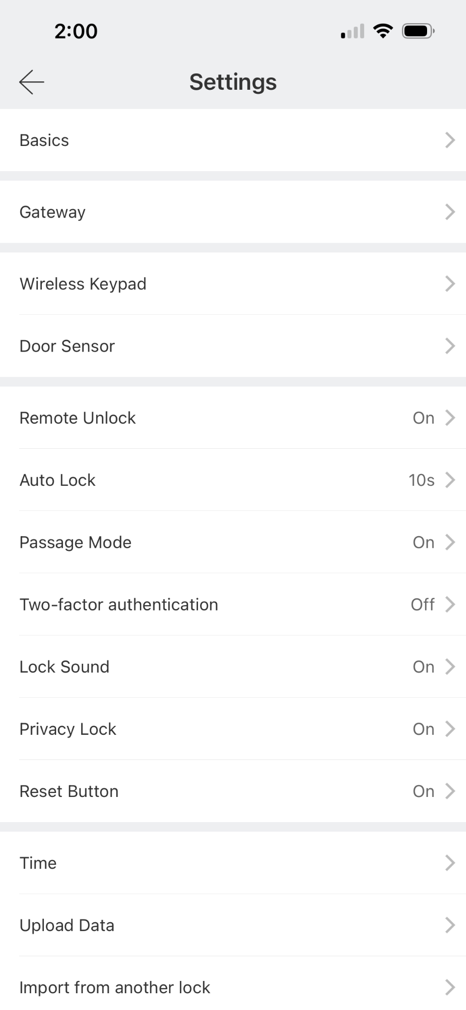TTLock lock settings