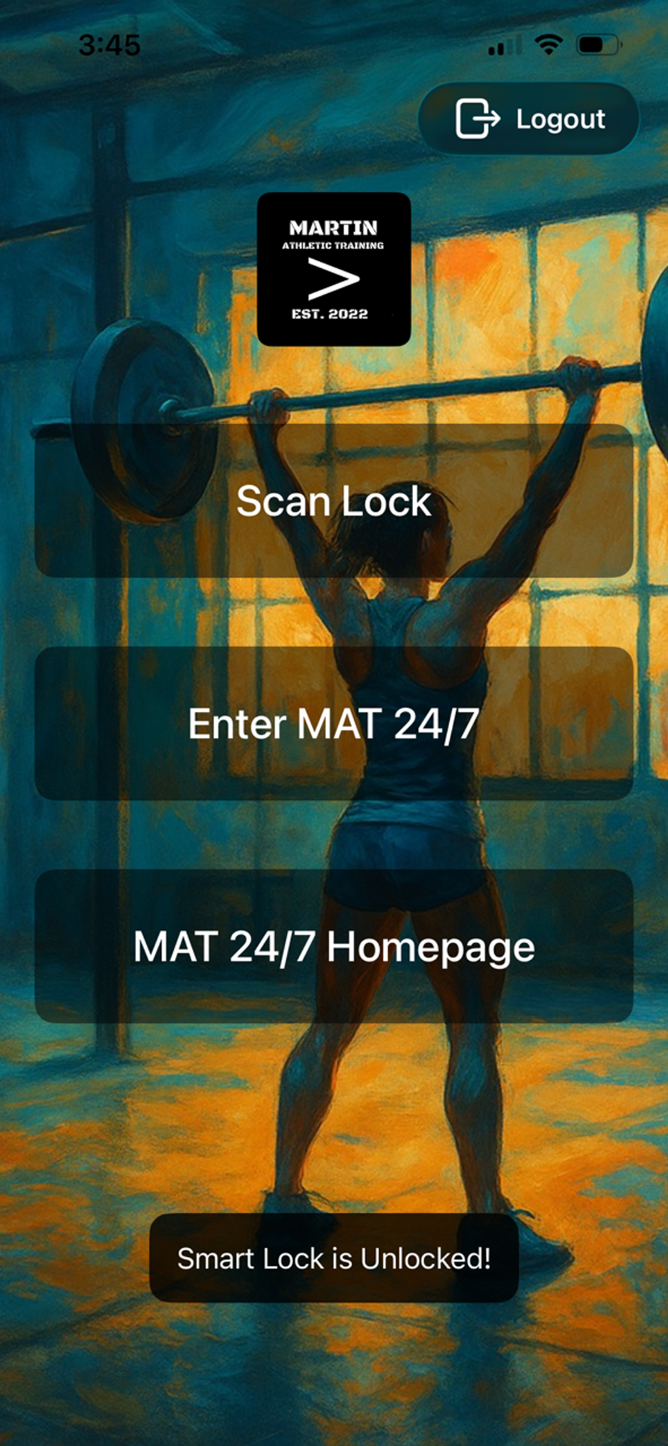 Martin Athletic Training app facility access screen